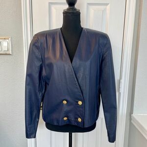 Women's Vintage Navy Blue Cropped Leather Jacket
